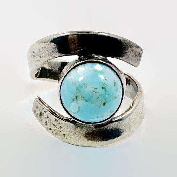 Vintage Sterling Silver Ring: Hubble Glass Turquoise Blue 1940s 40s Modern - Picture 1 of 5